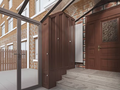 Villa Balcony with Glass Door Wooden Storage Cabinet Brick Wall Steps and Porch Area Design 3d model