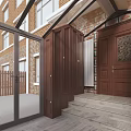 Villa Balcony with Glass Door Wooden Storage Cabinet Brick Wall Steps and Porch Area Design