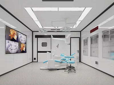 Modern Dental Clinic Interior With Blue Chair Medical Equipment And Wall Displays 3d model