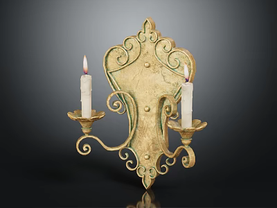 Vintage Style Golden Wall Sconce With Double Candle Holders And Curved Scroll Patterns 3d model