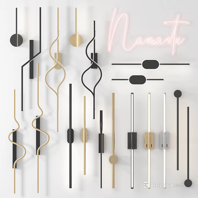 Modern Wall Lamps With Curved And Straight Metal Designs In Gold And Black 3d model 