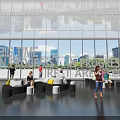 Spacious Hall Featuring Large Glass Windows Cityscape View People Activities Sofas And White Stools 3d model