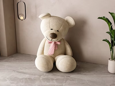Beige Teddy Bear Wearing Pink Striped Bow Tie On Gray Floor With Green Plant 3d model