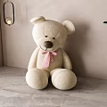 Beige Teddy Bear Wearing Pink Striped Bow Tie On Gray Floor With Green Plant