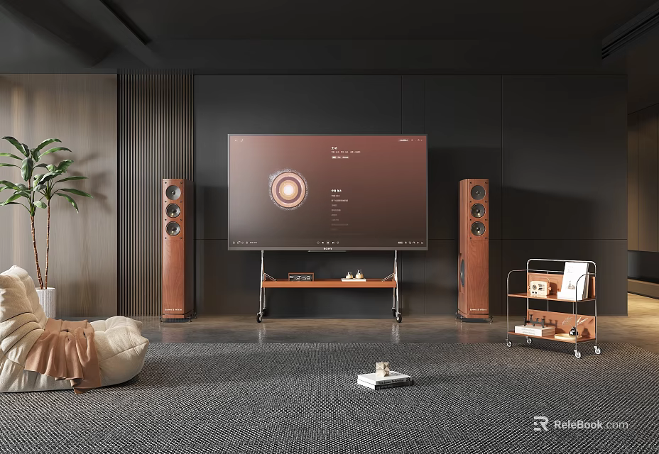 Modern Living Room Interior With Large Screen TV Floor Speakers And Decorative Elements 3d model 