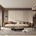 Modern Living Room Interior With Beige Sofa Throw Pillows Wooden Vertical Paneling Wall And Staircase