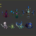 Cartoon Style Characters and Creatures With Vibrant Blue Purple Colors And Glowing Elements