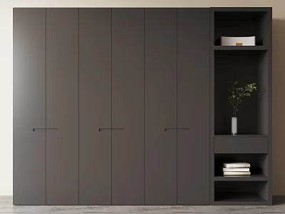 Modern Minimalist Dark Grey Wardrobe With Sleek Horizontal Handles And Open Storage Shelves For Bedroom 3d model