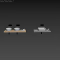 White Round And Rectangular Washbasins On Wooden And Grey Countertops With Toiletries