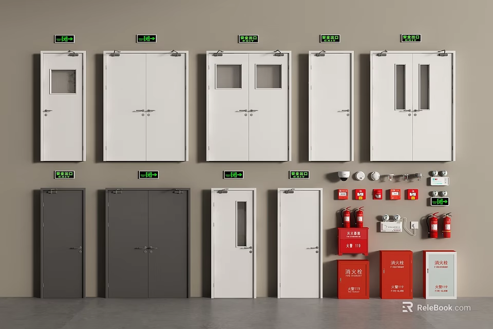 Various Double And Single Doors With White Gray Colors And Fire Safety Equipment 3d model 