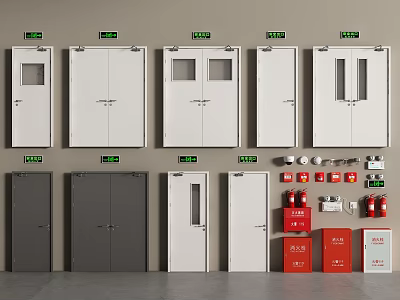Various Double And Single Doors With White Gray Colors And Fire Safety Equipment 3d model