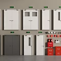 Various Double And Single Doors With White Gray Colors And Fire Safety Equipment