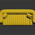 Modern Yellow Sofa With Striped Design And Two Cushions On Reflective Floor