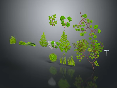 Cartoon Style Green Plant 3D Models With Various Types Leaves Branches And Grass 3d model