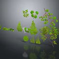Cartoon Style Green Plant 3D Models With Various Types Leaves Branches And Grass