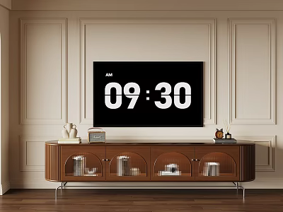 Wooden TV Stand With Glass Front Cabinets Metal Legs And Decorative Items On Paneled Wall 3d model