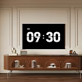 Wooden TV Stand With Glass Front Cabinets Metal Legs And Decorative Items On Paneled Wall