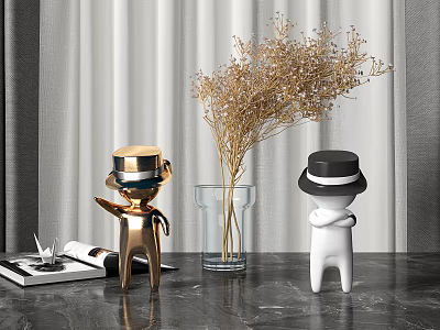 Decorative Ornament Set With Gold White Hat Figurines Clear Vase And Dried Flowers 3d model