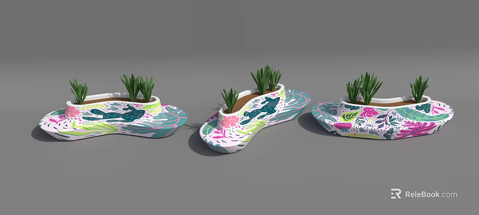 Colorful Slippers With Potted Green Plants And Floral Patterns Design 3d model 
