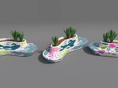 Colorful Slippers With Potted Green Plants And Floral Patterns Design 3d model