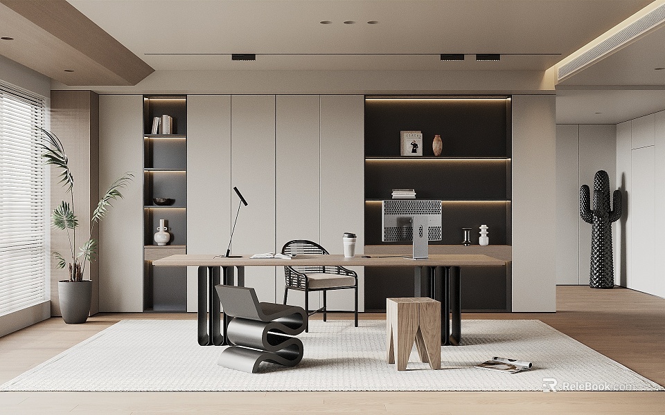 Modern Study Room Interior With Wooden Desk Computer Chair And Bookshelves 3d model 