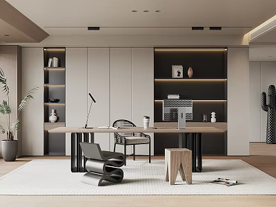 Modern Study Room Interior With Wooden Desk Computer Chair And Bookshelves 3d model