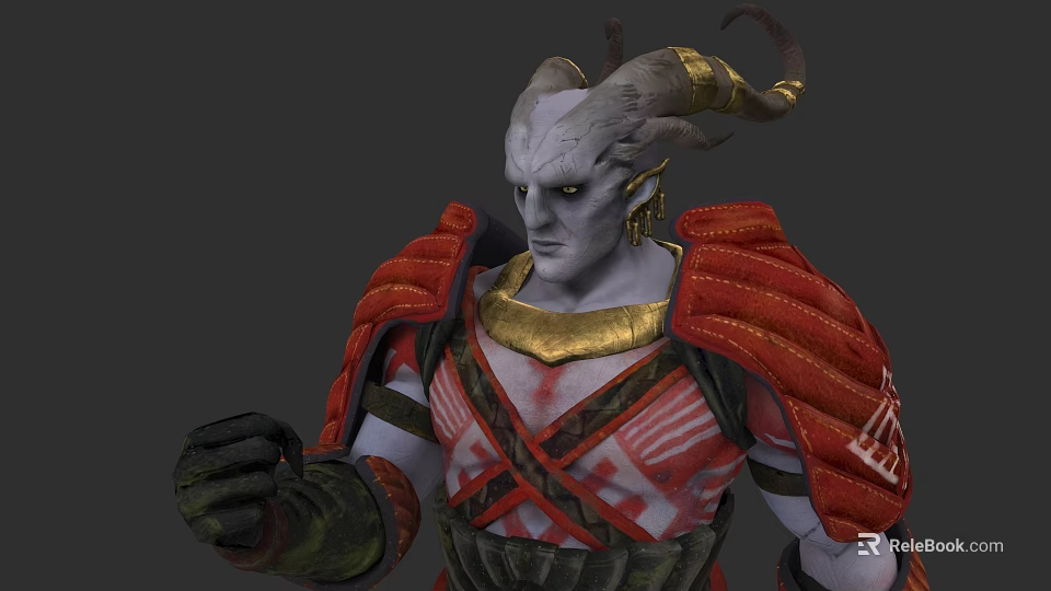 Horned White Skinned Mythical Creature Warrior In Red Armor With Golden Accents 3d model 