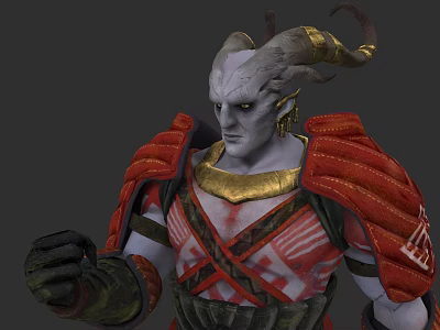 Horned White Skinned Mythical Creature Warrior In Red Armor With Golden Accents 3d model
