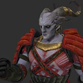 Horned White Skinned Mythical Creature Warrior In Red Armor With Golden Accents