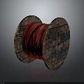 Wooden Cable Reel With Wound Red Cable And Blue Marked Sides
