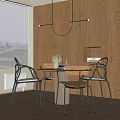Modern Round Dining Table Set With Metal Frame Chairs And Hanging Chandelier By Wooden Cabinets