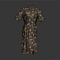 Crimson Short Sleeved Dress With Yellow Patterns And Belt Design