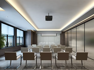 Modern Conference Room Interior With White Chairs Large Windows Natural Light And Projector 3d model