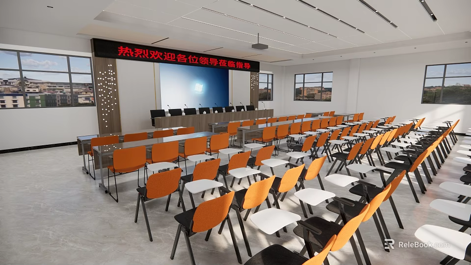 Well Organized Conference Room Interior With Head Table Orange Chairs White Tables And Windows 3d model 