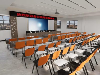 Well Organized Conference Room Interior With Head Table Orange Chairs White Tables And Windows 3d model