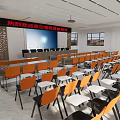 Well Organized Conference Room Interior With Head Table Orange Chairs White Tables And Windows