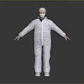 Person in White Protective Suit Standing with Arms Outstretched on Gray Background