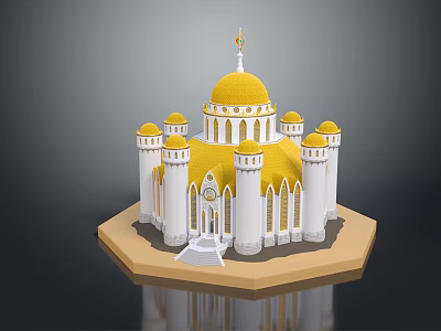 Cartoon Castle Scene With Yellow Dome White Towers Small Domes Arched Windows On Hexagonal Base 3d model