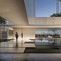 Serene Modern Courtyard With Pool Reflection Tall Buildings And Green Trees