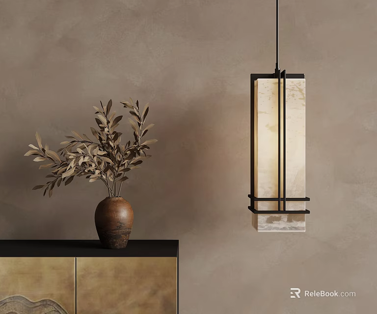 Warm Beige Wall Interior Featuring Dried Leaf Vase And Pendant Light On Cabinet 3d model