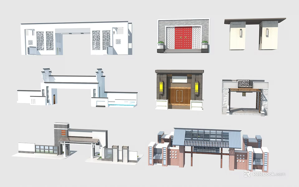 Diverse Building Components Featuring Entrance Structures Wooden Doors Stone Walls And Decorative Grilles 3d model 