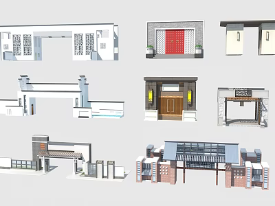 Diverse Building Components Featuring Entrance Structures Wooden Doors Stone Walls And Decorative Grilles 3d model