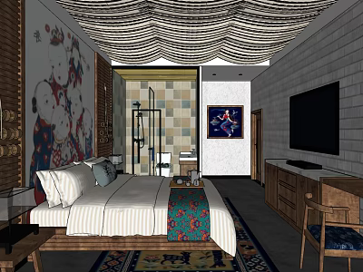 Traditional Style Hotel Guest Room With Bed Tiled Bathroom TV And Decorative Rug 3d model
