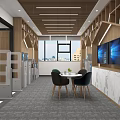 Modern Office Lounge With Wooden Bookshelves Water Dispensers Tables And Green Chairs