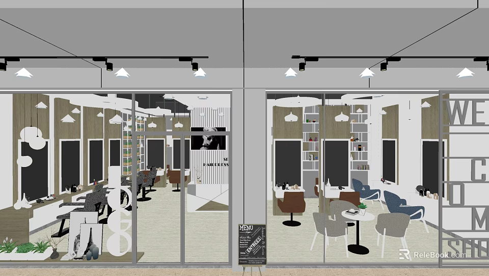 Modern Beauty Hair Salon Interior Design With Pendant Lights Tables Bookshelves And Chalkboard Menu 3d model 
