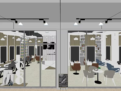 Modern Beauty Hair Salon Interior Design With Pendant Lights Tables Bookshelves And Chalkboard Menu 3d model
