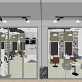Modern Beauty Hair Salon Interior Design With Pendant Lights Tables Bookshelves And Chalkboard Menu