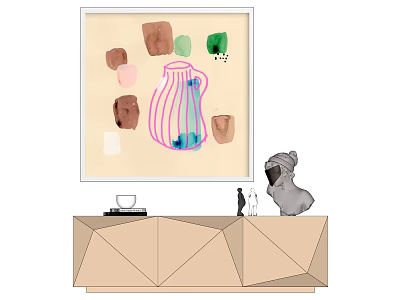 Decorative Painting With Pink Vase And Color Blocks On Geometric Cabinet With Sculptures 3d model