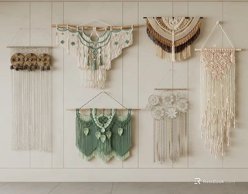 Handmade Macrame Wall Hangings With Various Designs And Colorful Tassels For Home Decor 3d model 