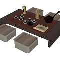 Traditional Wooden Tea Table with Matching Stools and Tea Set Accessories 3d model